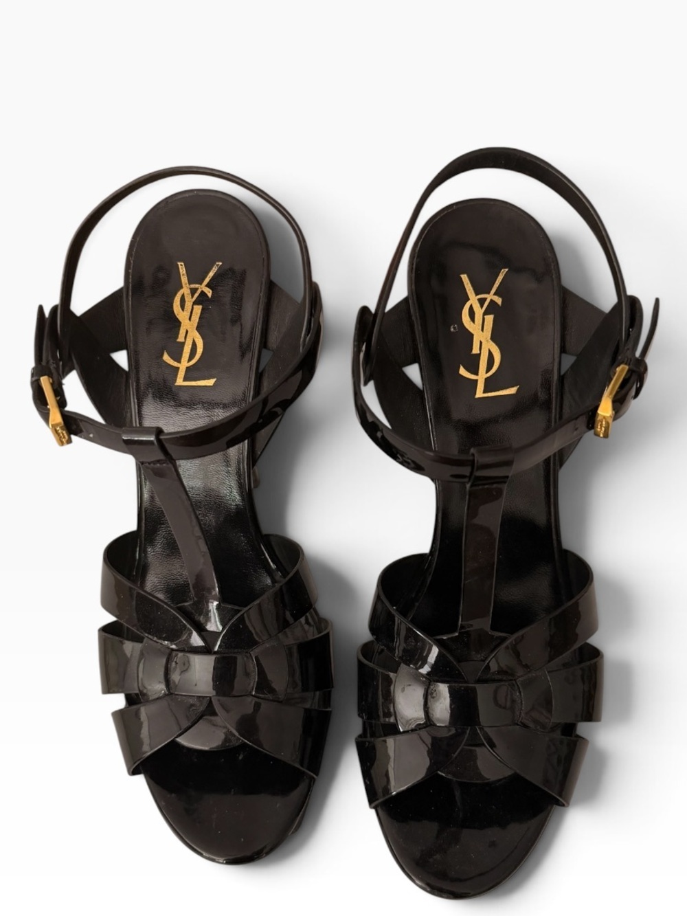 Saint Laurent YSL Tribute Black Patent Leather Platform Heels Sandals US 10